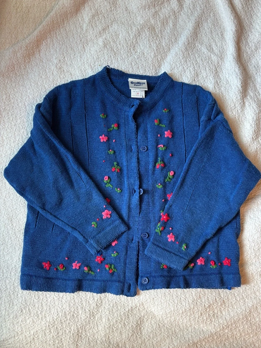 Vintage OshKosh B'gosh Royal Blue Knit Cardigan with Pink Floral Embroidery